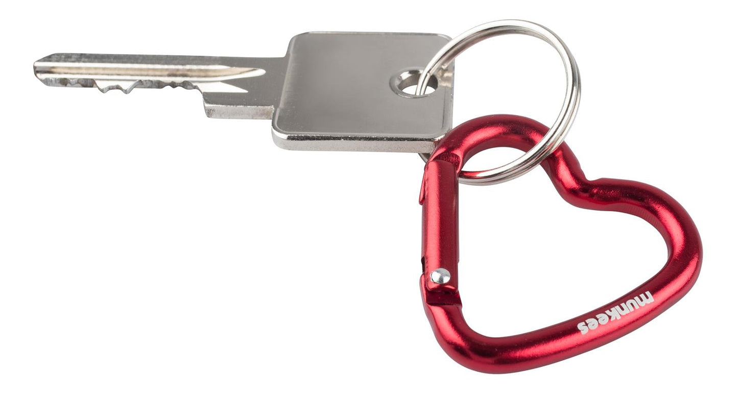 Munkees Mini Herz-Karabiner Rot – Detailansicht Verschlussmechanismus und Gravur