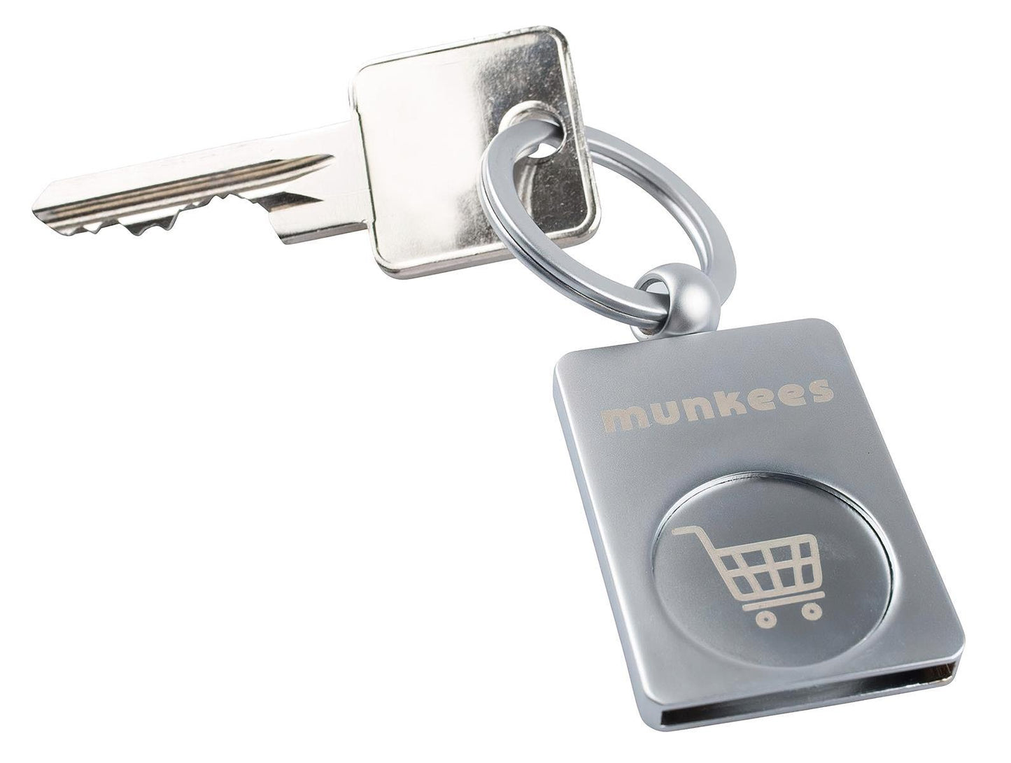 Munkees Einkaufswagenchip Schlüsselanhänger Detailansicht mit Karabinerhaken