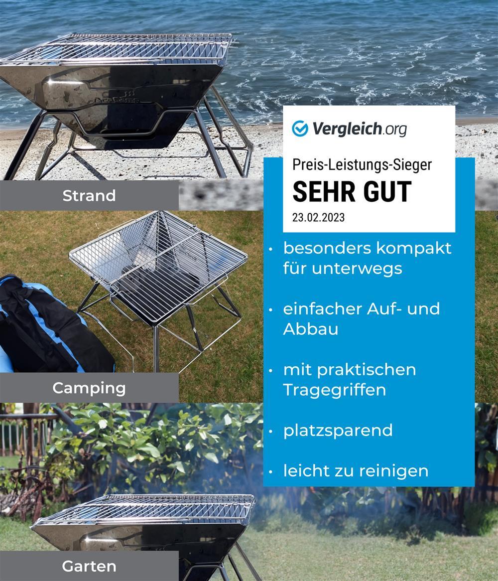AceCamp Holzkohlegrill To Go Groß Verpackung mit Produktbeschriftung und Maßangaben