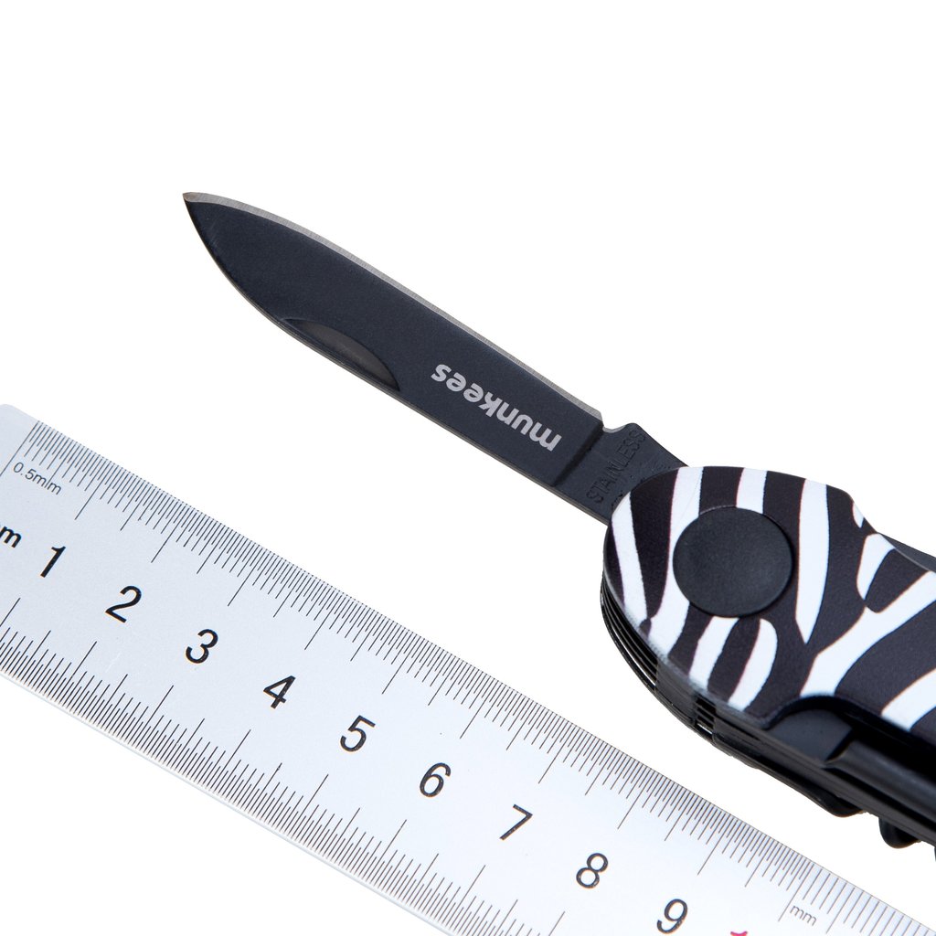 munkees Taschenmesser Zebra 15 Funktionen Übersicht auf weißem Hintergrund