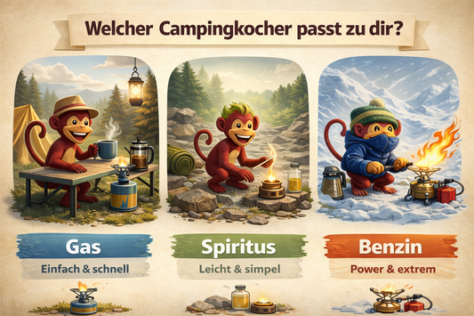 Blog-Bild: Welcher Campinkocher passt zu dir, mit 3 verschiedenen Möglichkeiten: Gas, Spiritus und Benzin. 