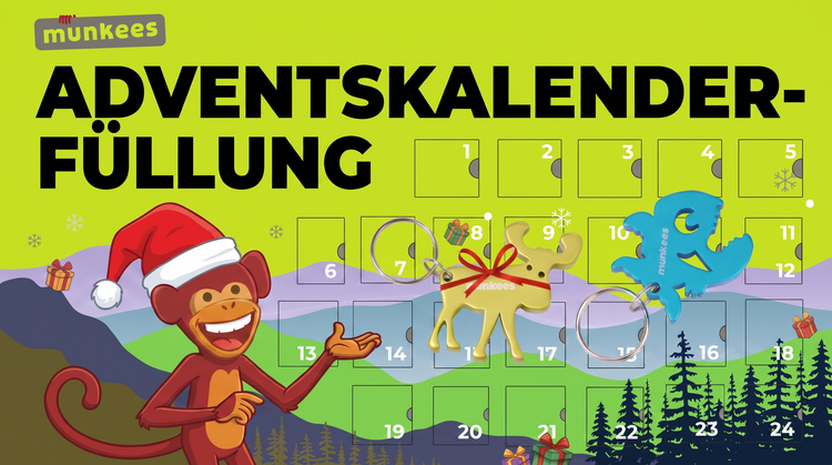 Adventskalender-Füllung – munkees Kleinigkeiten hinter 24 Türchen: Elch-Anhänger und Piranha-Flaschenöffner