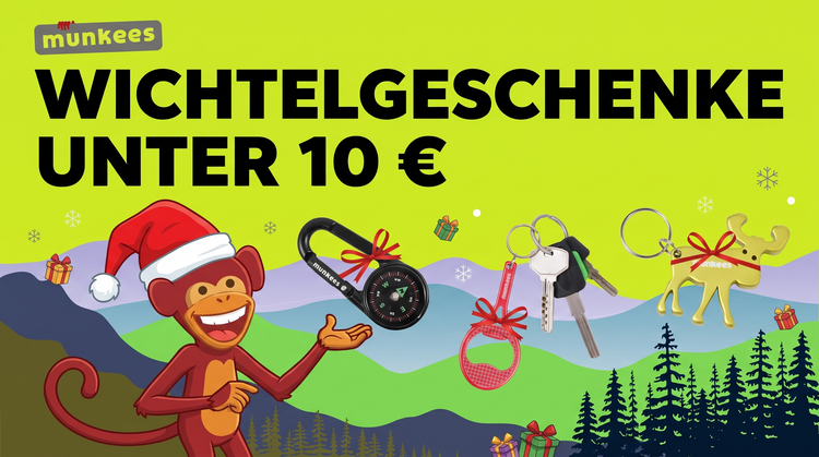 Wichtelgeschenke unter 10 Euro von munkees – Karabiner, Flaschenöffner und Mini-Tools mit Geschenkschleifen