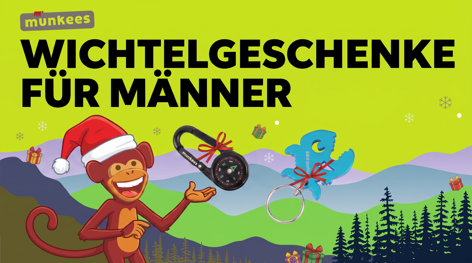 Wichtelgeschenke für Männer – munkees Kompass-Karabiner und Piranha-Flaschenöffner mit Geschenkschleifen