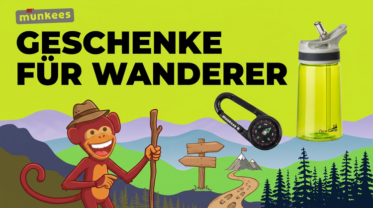 Geschenke für Wanderer – munkees Kompass-Karabiner und AceCamp Trinkflasche mit Wegweiser und Gipfel