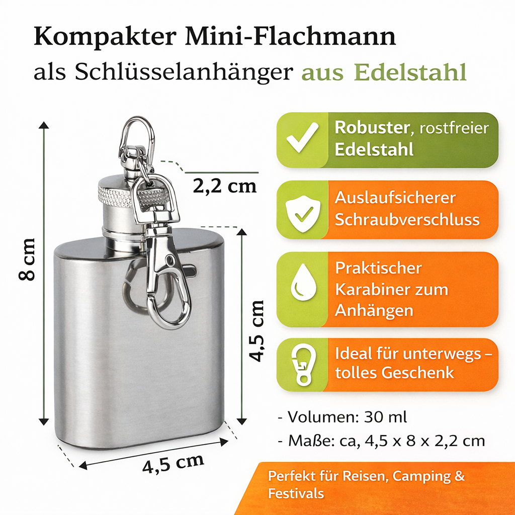 munkees Kippis Flachmann-Set mit Karabiner & Trichter, 30 ml