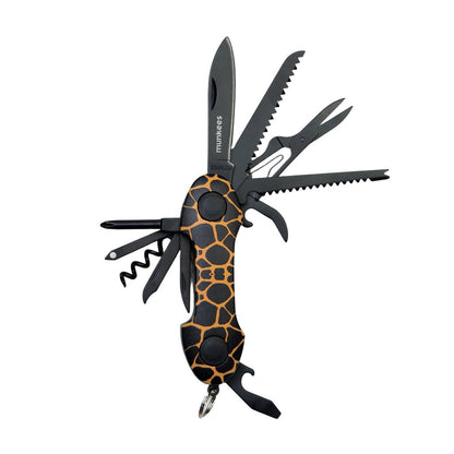 munkees Taschenmesser Giraffe alle 15 Funktionen aufgeklappt im Überblick