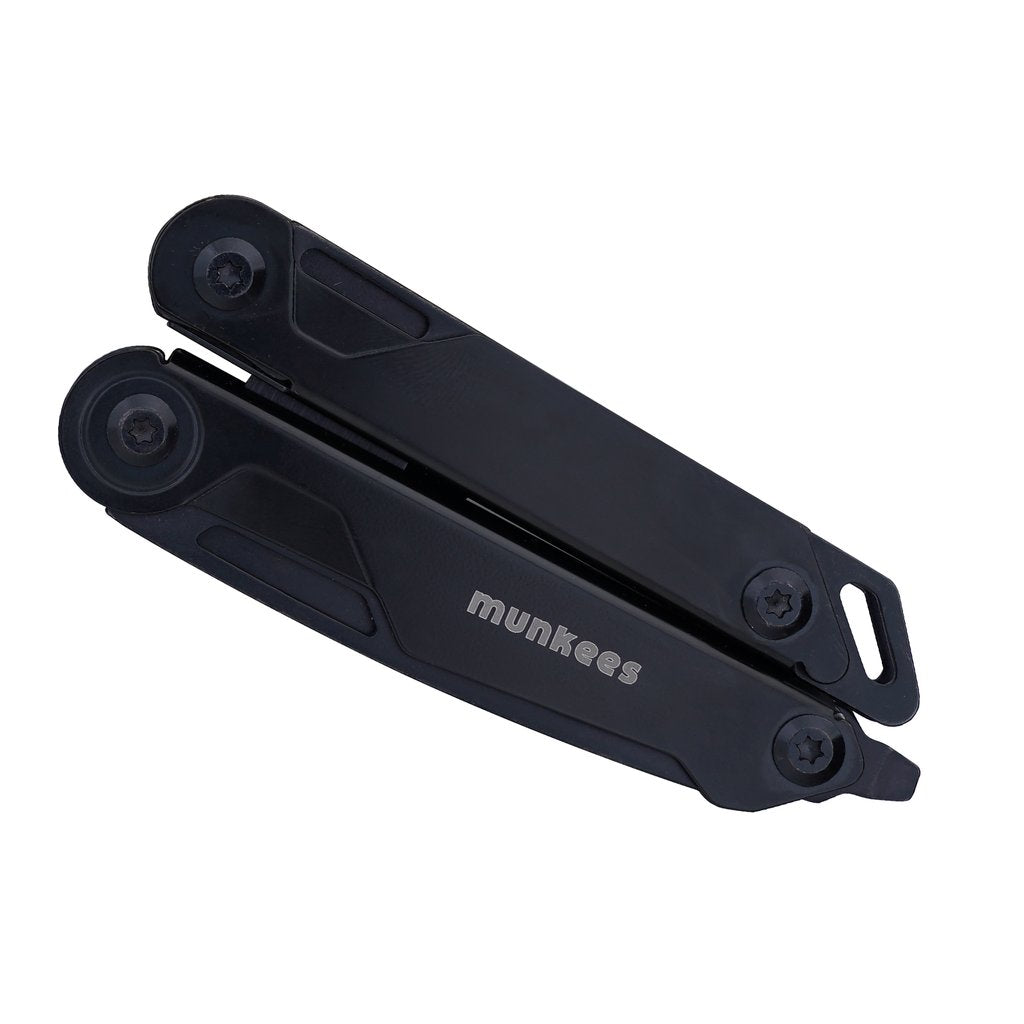 munkees Multitool 10-in-1 Black Line aufgeklappt mit allen Werkzeugen im Detail
