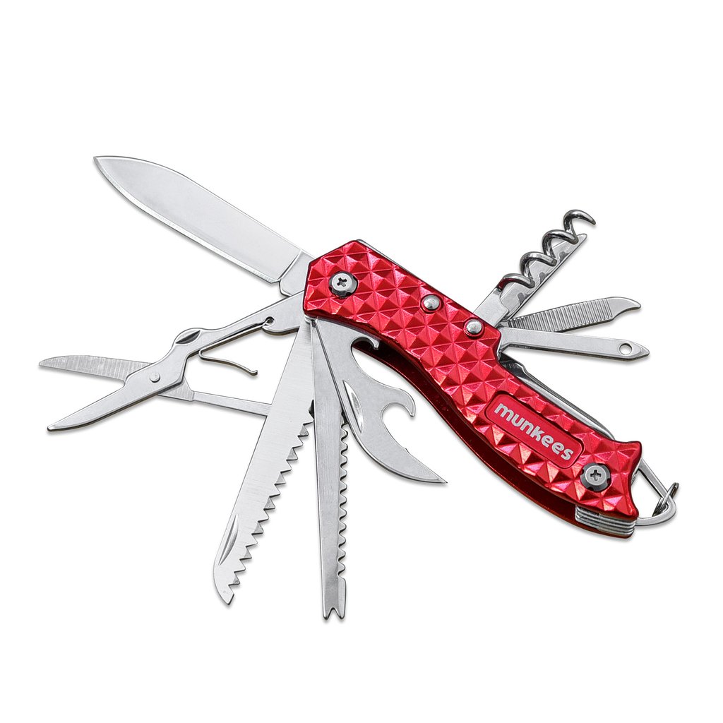 Munkees 14-in-1 Taschenmesser Rot Edelstahl kompakt aufgeklappt alle Werkzeuge sichtbar