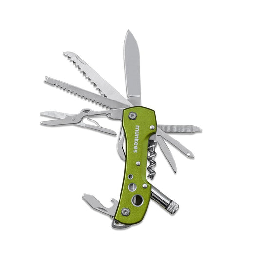 munkees Taschenmesser LED 15-in-1 grün Hauptansicht aufgeklappt alle Funktionen