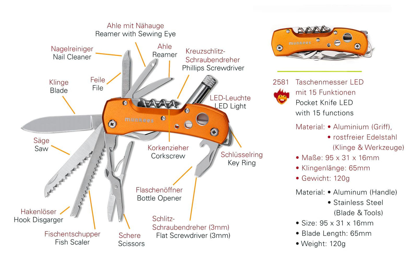 munkees Taschenmesser mit LED – 15 Funktionen – Orange