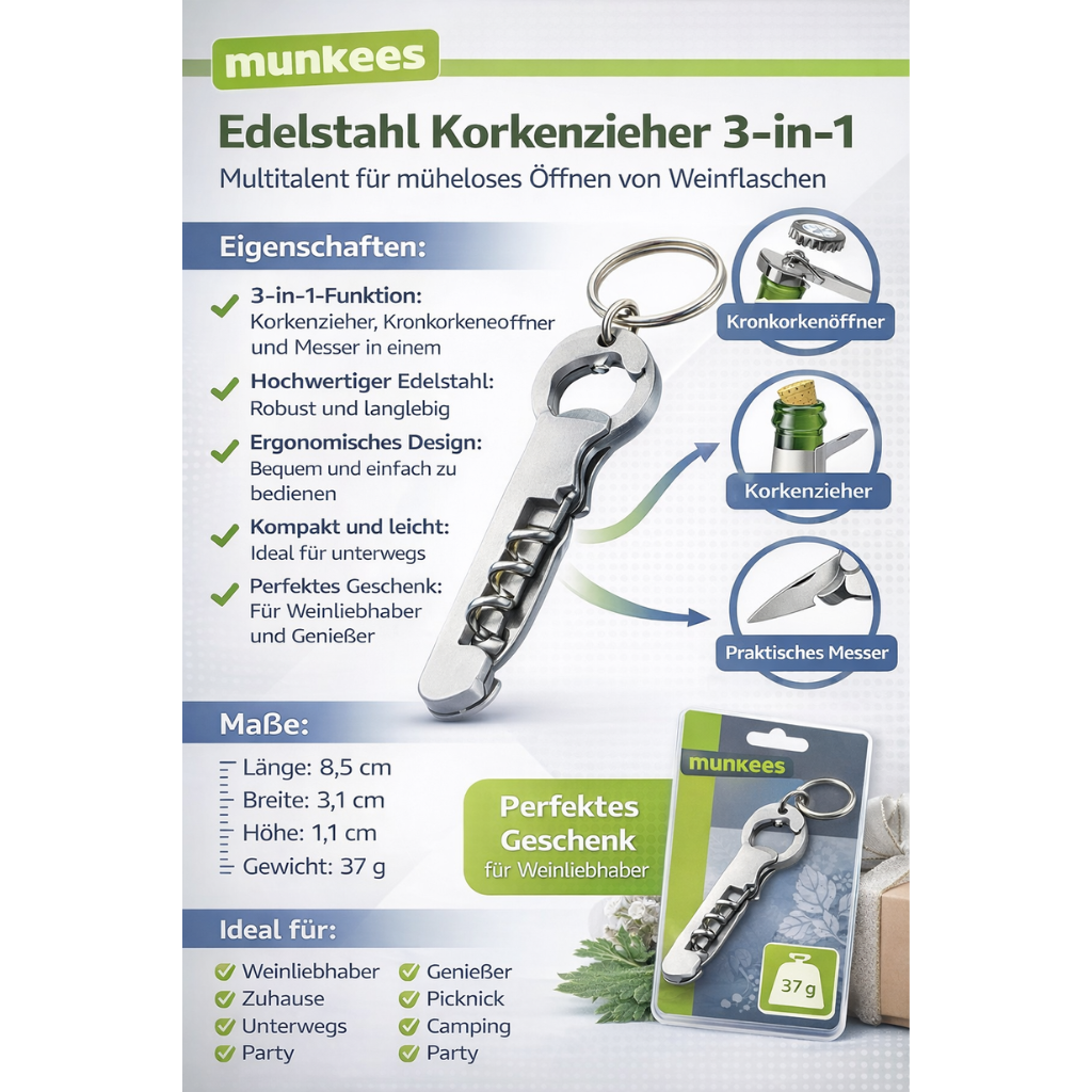 munkees 3-Funktionen Korkenzieher aus Edelstahl