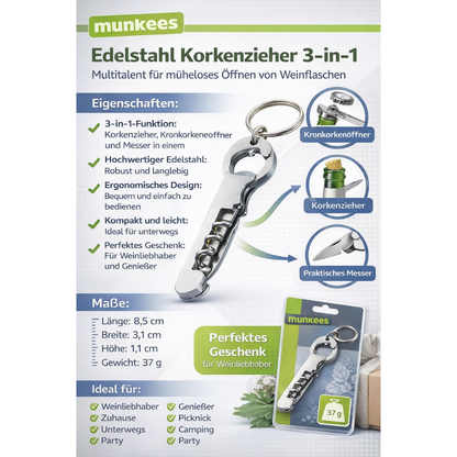 munkees 3-Funktionen Korkenzieher aus Edelstahl