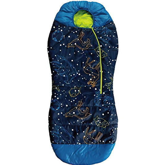 AceCamp Kinderschlafsack mit Leuchteffekt Blau – Frontansicht liegend aufgeklappt