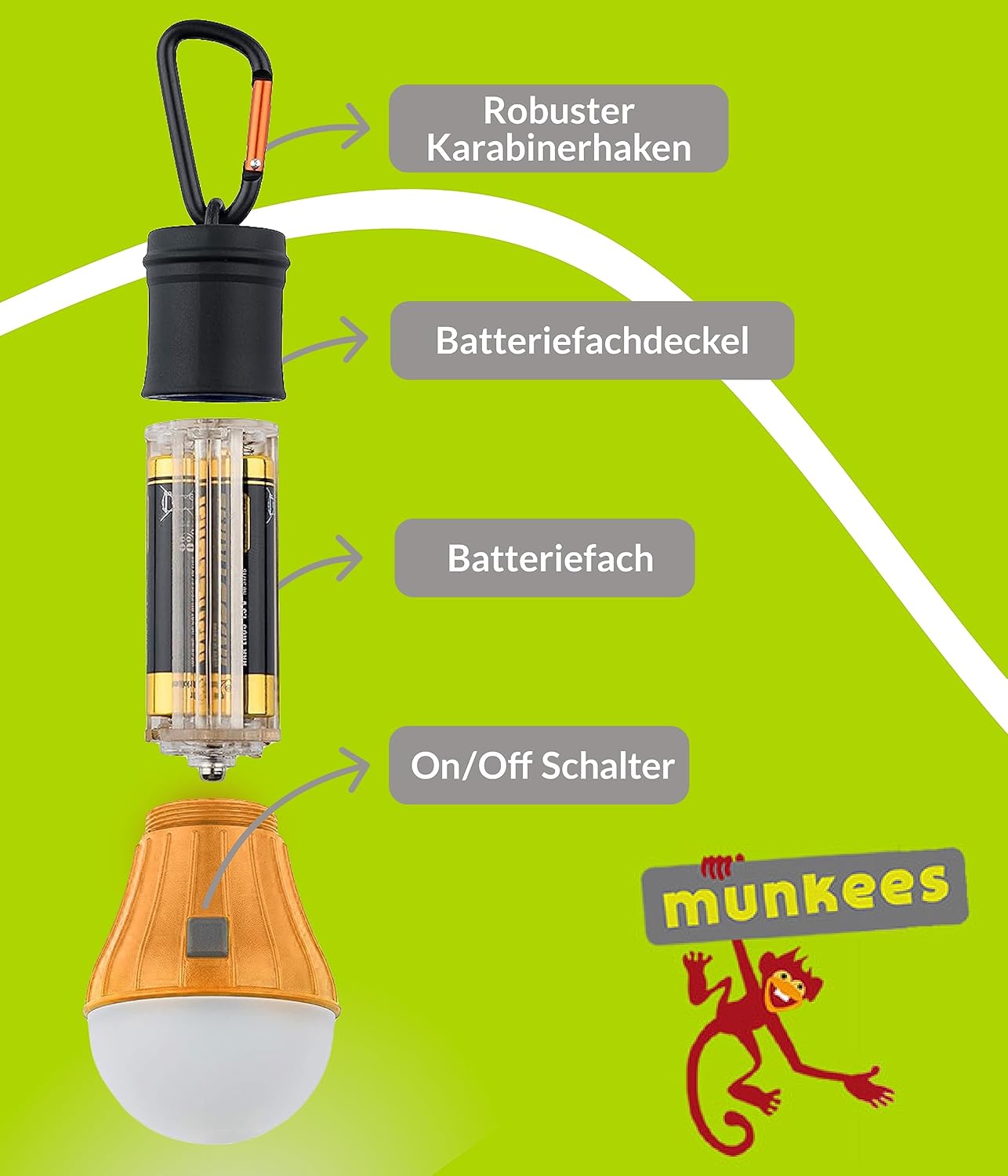 munkees LED Zeltlampe mit Karabiner – Orange