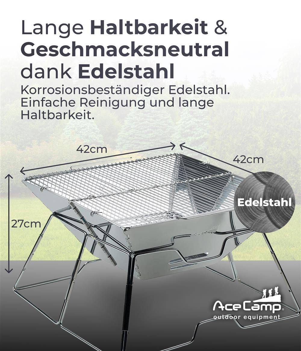 AceCamp Holzkohlegrill To Go – Groß, faltbar, Edelstahl