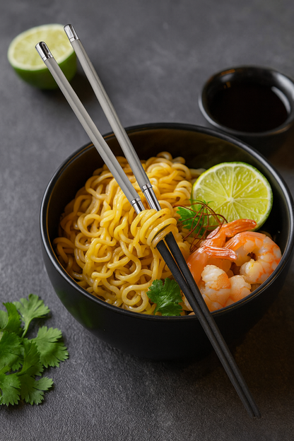 Faltbare Edelstahl-Essstäbchen mit Holzgriff