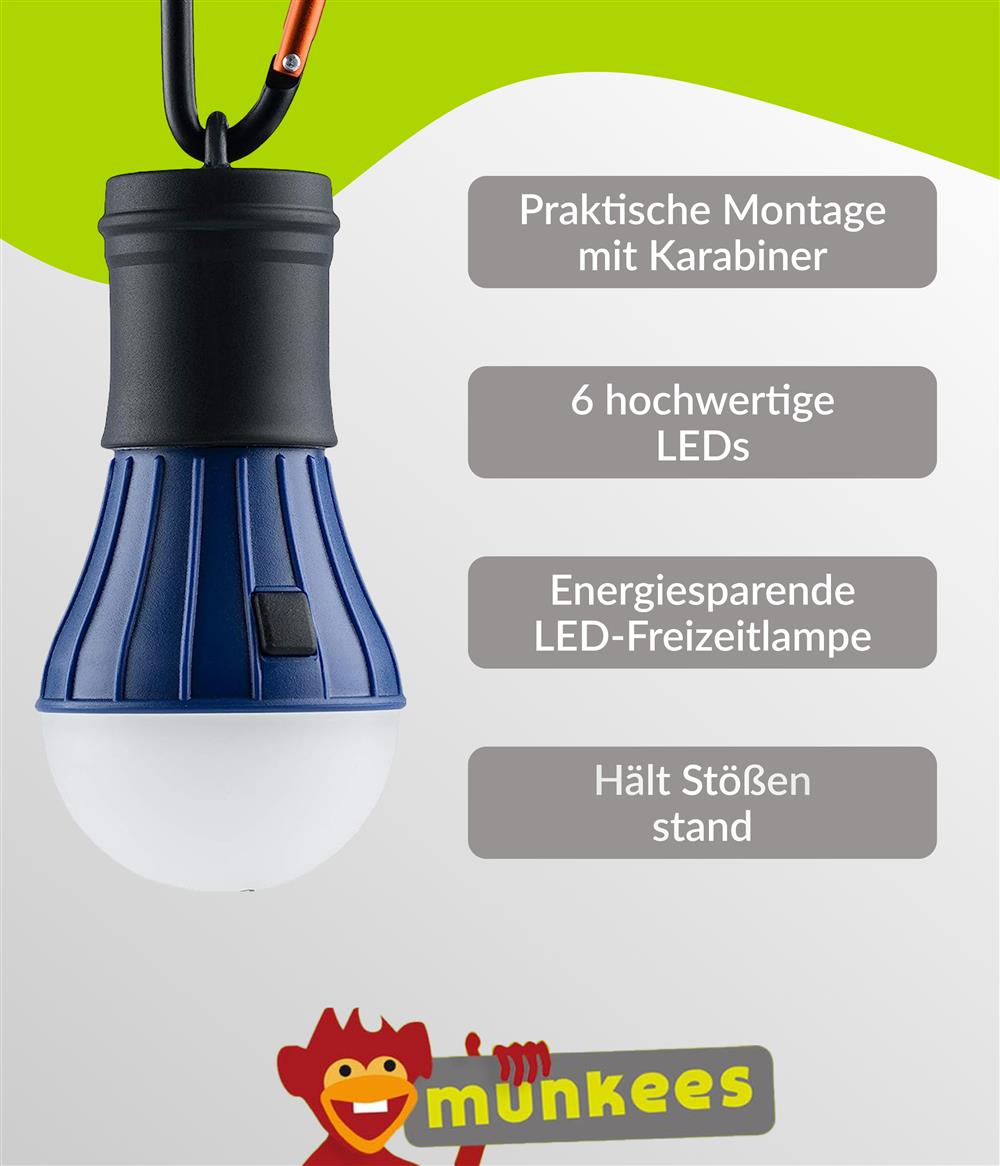 munkees LED Lampe mit 6 LEDs und Karabiner – Blau