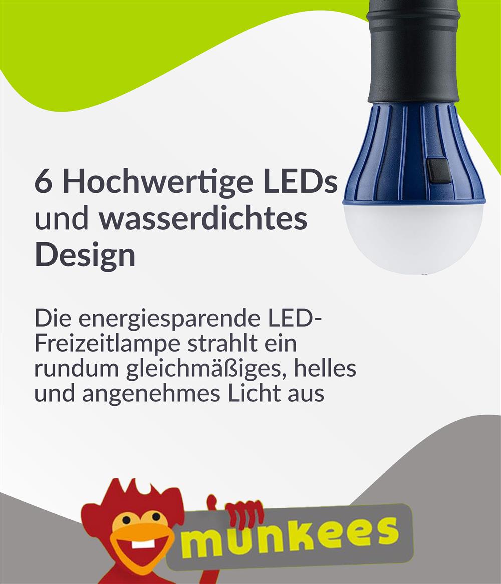 munkees LED Lampe mit 6 LEDs und Karabiner – Blau