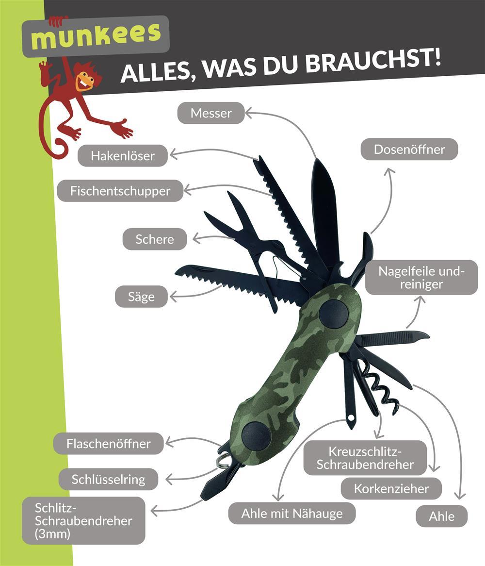 munkees® Taschenmesser Camouflage mit 15 Funktionen