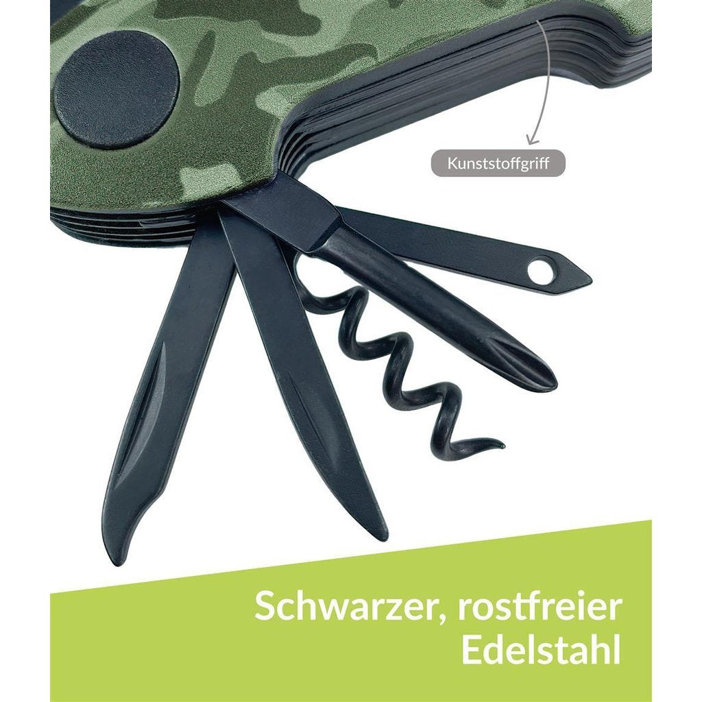 munkees Taschenmesser Camouflage Klinge und Werkzeuge Nahaufnahme